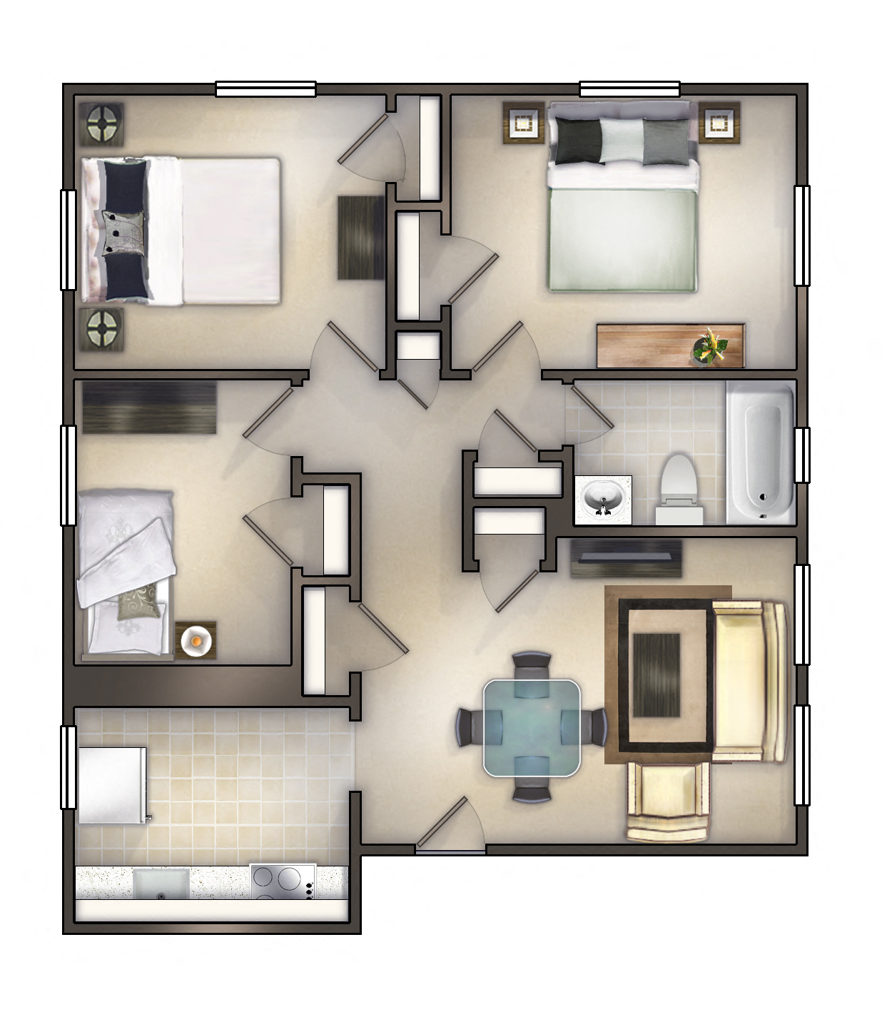 Floor plan for 3 beds, 1 bath, 697 sqft
